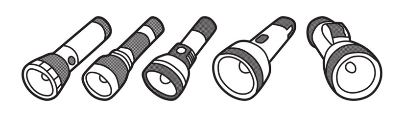 black and white vector, five standard hand flashlights