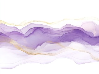 Abstract flowing purple and gold ink painting with delicate gold glitter accents on a white background