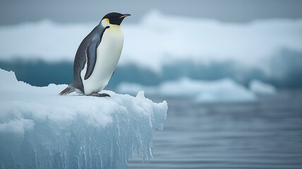 Fototapeta premium A lone emperor penguin perched on the edge of an icy ledge, overlooking the cold Antarctic waters under a cloudy sky.