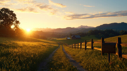 Obraz premium Serene Sunset Over Rolling Hills and Farm Landscape in Rural Area