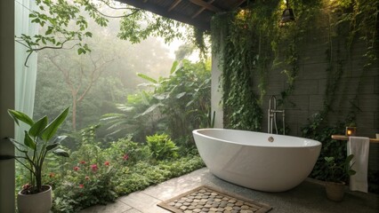 A freestanding tub rests elegantly in the corner surrounded by greenery inviting relaxation and indulgence amid the calming tones of nature.