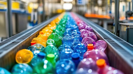 Colorful plastic bottles moving on a conveyor belt in a recycling plant for sustainable waste management and pollution reduction - ecology and environmental pollution