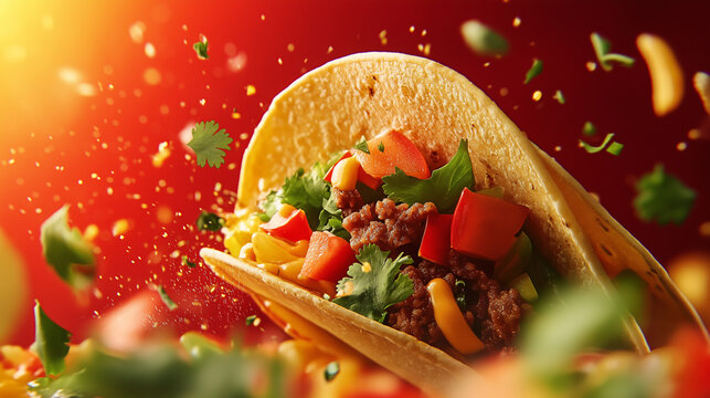 A dynamic close-up of a taco bursting with bright, fresh veggies, spiced meat, creamy cheese, and a sprinkle of cilantro, set against a vibrant, bold background with eye-catching t