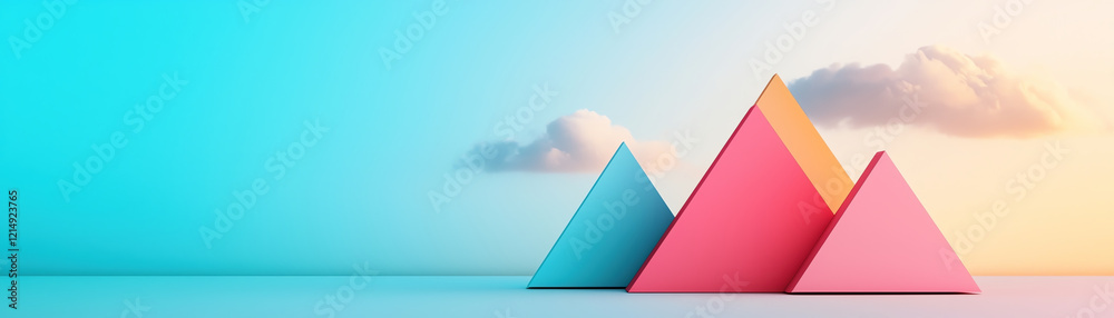 Poster colorful triangular forms create minimalist landscape with soft clouds