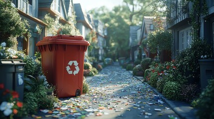 Vibrant Recycling Initiative in Lively Community with Colorful Trash and Greenery