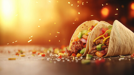 A dynamic close-up of a taco overflowing with sizzling meat, bright vegetables, melted cheese, and creamy avocado, paired with bold, glowing text and a festive, colorful background