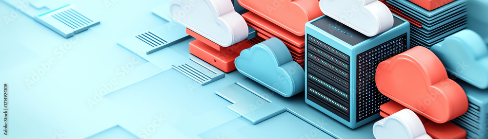 Poster cloud computing technology with colorful server icons and abstract design