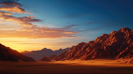 Naklejka premium Majestic Desert Landscape with Colorful Sunset and Rocky Mountains