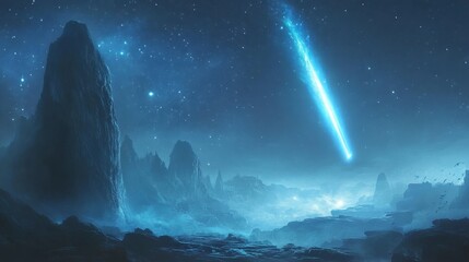 Glowing Comet Over Mystical Alien Landscape at Night
