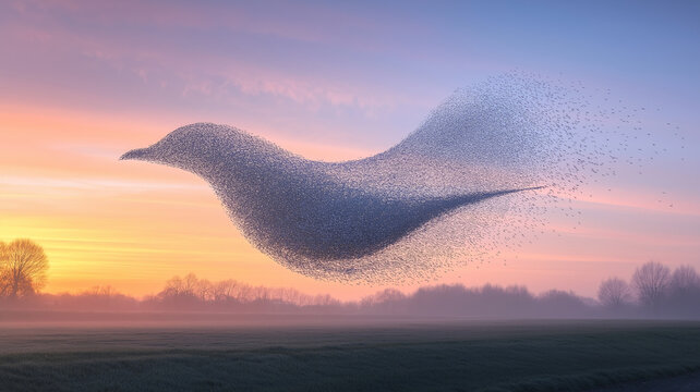 A mesmerizing murmuration of starlings forming a bird shape in the sky, set against a colorful sunrise over a misty field.