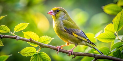 Fototapeta premium European Greenfinch Bird Perched on Tree Branch - High-Resolution Drone Photo