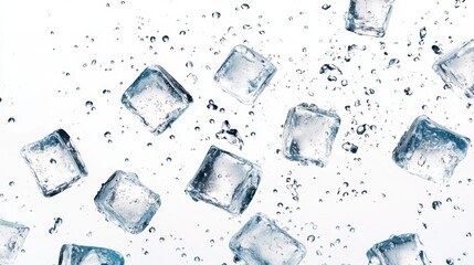 Ice Cubes Falling into Water with Bubbles on a White Background