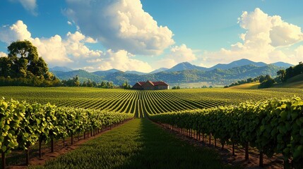 Fototapeta premium Lush Vineyard Landscape Under Blue Sky with Clouds and Mountains
