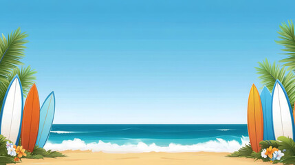 vibrant cartoon beach backdrop featuring colorful surfboards, palm trees, and serene ocean view. This lively scene evokes sense of fun and adventure