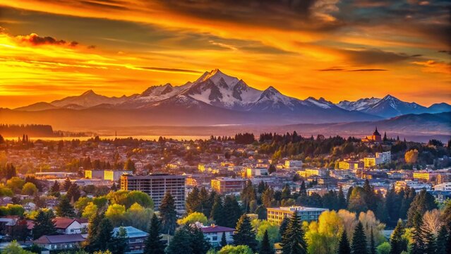 Everett Washington Sunset Panorama: Cascade Mountains Skyline Cityscape