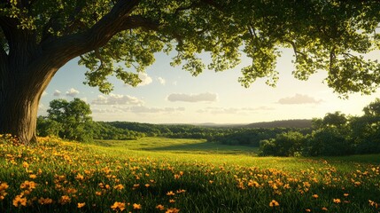 Obraz premium Serene Landscape with Vibrant Wildflowers Under a Majestic Tree