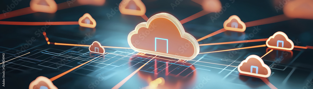 Poster cloud computing interface with glowing connections and network nodes