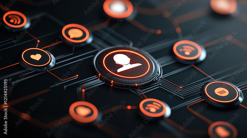 Poster digital network interface with user icons and communication symbols