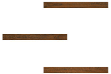 Three empty simple small minimalist shelves made of dark brown wood is isolated with copy space.	