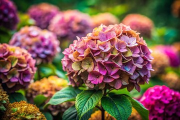 Fototapeta premium Faded Hydrangea Blossom in Vibrant Garden - Vintage Floral Photography