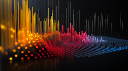 A 3D graph with radiant gradients, featuring bold yellow, red, and electric blue bars against a black backdrop." 