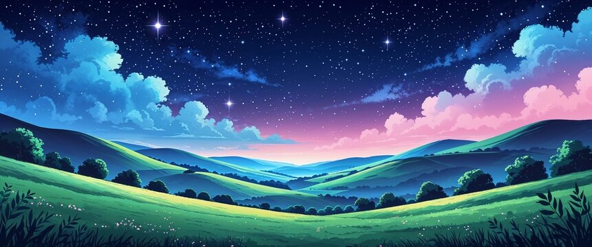 Tranquil starry night over rolling hills soft green meadows with a bright blue hue at the horizon and pinkish starlight illustration background design