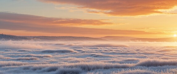 Fototapeta premium Vast frostcovered plains with soft white mist beneath an orangeyellow sunrise sky creating soft shadows on the land illustration background design
