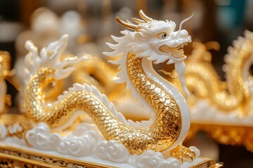 Fototapeta premium Shimmering Gold and White Resin Dragon Sculpture - Handcrafted Mythical Creature Decor