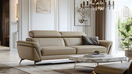 A high-end living room with a beige leather sofa, complemented by a marble coffee table and a stunning chandelier, delivering a relaxing and luxurious feel in a sophisticated setting.