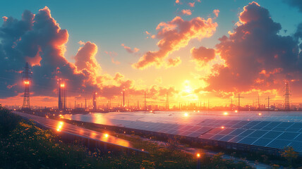 vibrant sunset over solar panel farm, showcasing renewable energy