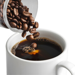 Roasted Coffee Beans Splashing into a Cup of Coffee