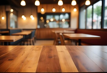 Fototapeta premium Wooden board empty table background. abstract blurred cafe background