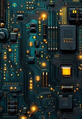 Fototapeta premium Abstract Close-Up of Electronic Circuit Board with Glowing Components and Textures