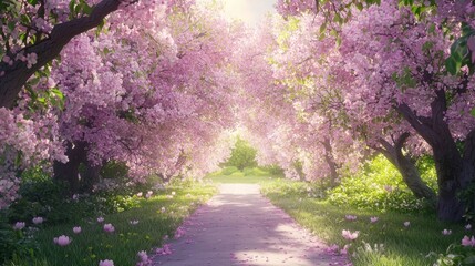 Enchanting Orchard Pathway Among Blooming Pastel Branches - Cinematic Spring Landscape