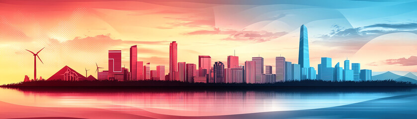 Fototapeta premium Vibrant city skyline with wind turbines and colorful gradient background