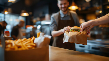 A fast food cashier, wearing a friendly smile and uniform, places a neatly packaged order into a customer's hands at the counter, with the warm lighting creating a welcoming and co