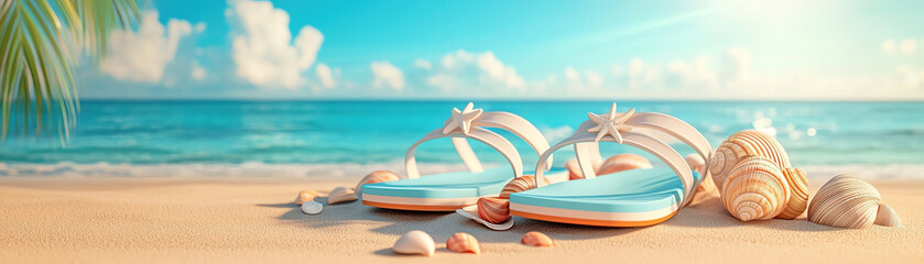 Obraz premium Blue summer sandals on sandy beach with seashells and ocean view