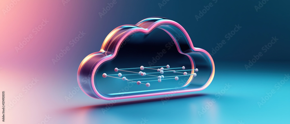 Poster digital cloud shape with connected nodes, representing data flow and technology