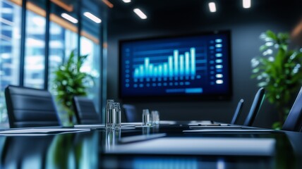 corporate presentation background. corporate image with a cityscape and many windows. imago of a conference or meeting room with a tv display, table and office chairs