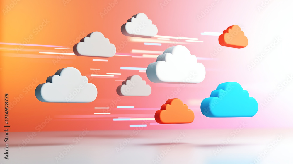 Poster floating clouds in vibrant colors with motion effects create dynamic tech atmosphere