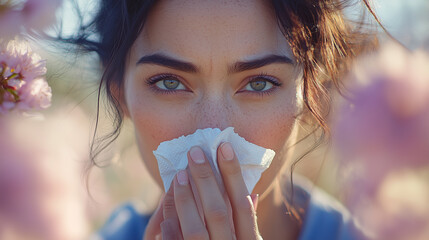 Allergic Woman Sneezing Outdoors Amid Spring Blooms at Wildwood Regional Park