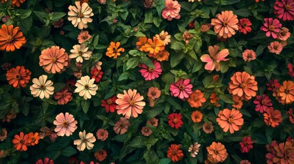 Vibrant Floral Background with Colorful Zinnias and Green Leaves