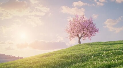 Obraz premium Serene Orchard Slope with Sunlit Peach Buds and Majestic Oak Tree at Summit - Ultra-Detailed Cinematic Landscape View