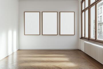 Empty wooden picture frame mockup hanging on white wall background in a spacious empty room with sunlight. Working space, home office lounge. Gallery