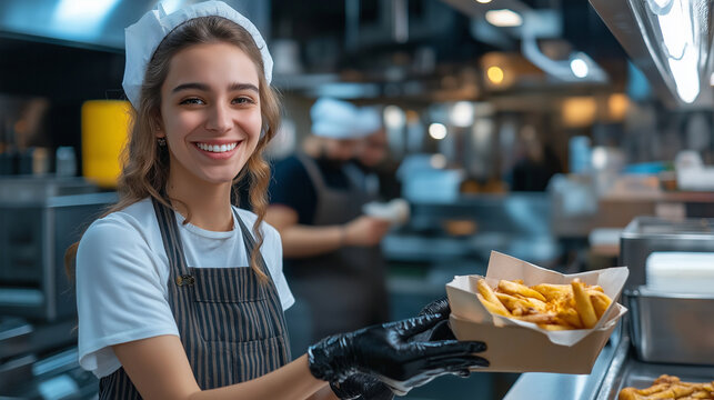A fast food counter scene where a smiling cashier passes a freshly packed meal to a customer, with the kitchen area visible in the background, featuring cooking equipment like frye