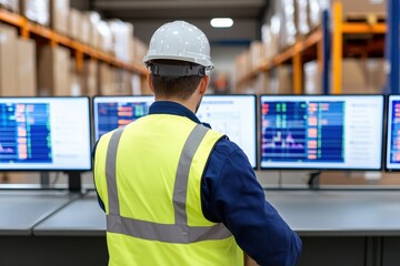 A warehouse worker in a safety vest and helmet monitors multiple computer screens displaying data in a busy storage facility.