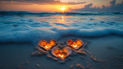 Obraz premium serene beach at twilight with glowing heart shaped candles in sand, gentle waves lapping at shore