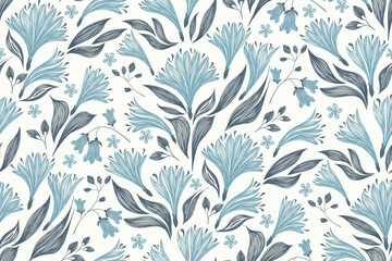 Vintage floral ethnic tapestry modern embroidery texture boho design vector illustration hand drawn silhouette indigo blue flower motif branches leaves wallpaper seamless background border. © Wita Pixs