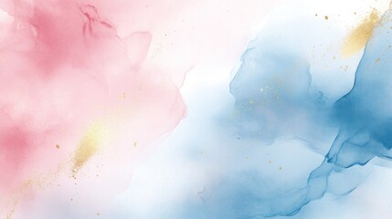 Abstract watercolor background with blended pink and blue hues and golden glitter accents