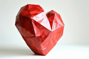 Fototapeta premium Abstract low poly geometric red heart sculpture standing on a clean white surface. Faceted origami design representing complex love, passion, romance, and Valentine's Day.